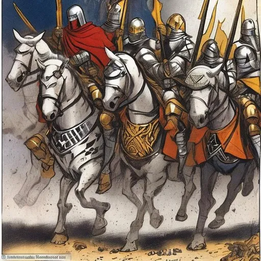 Prompt: Crusading Knights charging to battle against Muslims but Muslims are winning the battle than the Crusading Knights fall back and flee