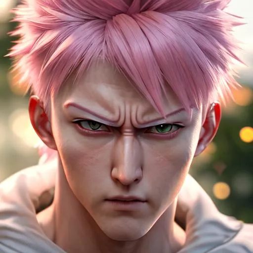 Prompt: Real life saitama, Professional, Highly Detailed, Hyperrealistic, sharp focus, Professional, UHD, HDR, 8K, Render, HD, Trending on ArtStation, close up, bokeh, outdoor, dbz, one puch man, pink hair, pink eye red