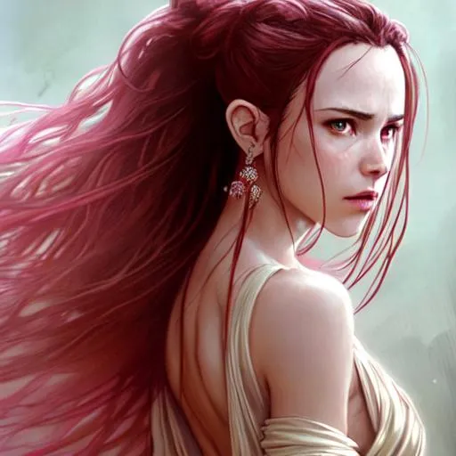 Prompt: rey from star wars {female character}, back to audience, longshot, flowing hair + flowing white robes + intense red glow , {{back to camera}}, hyperrealistic, dark fantasy, soft light, concept art, zoom in, over shoulder, luis royo, pink lips