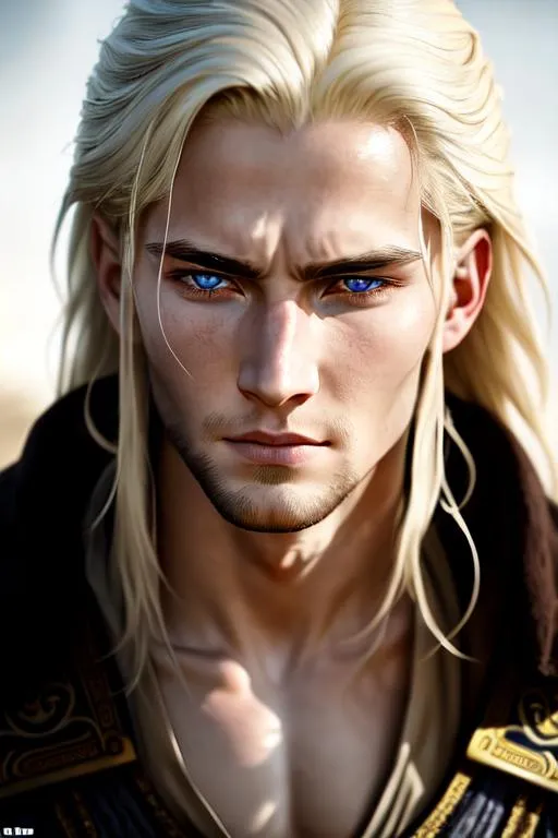 Prompt: the young warrior is a peculiarly handsome man, tall, unnaturally pale, with the whitest hair, has yellow phosphorescent eyes with vertical pupils, a face exhausted, emaciated and wrinkled, and eyes like all-seeing, sick and having seen too much.