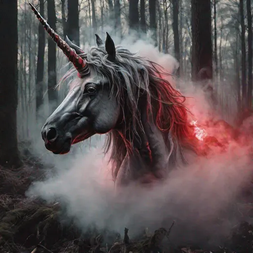 Prompt: unicorn melting into smoke, bright red eyes, surrounded by dark forest, delicate, menacing, smoky, foggy, hyper realistic, photo realistic, beautifully detailed 