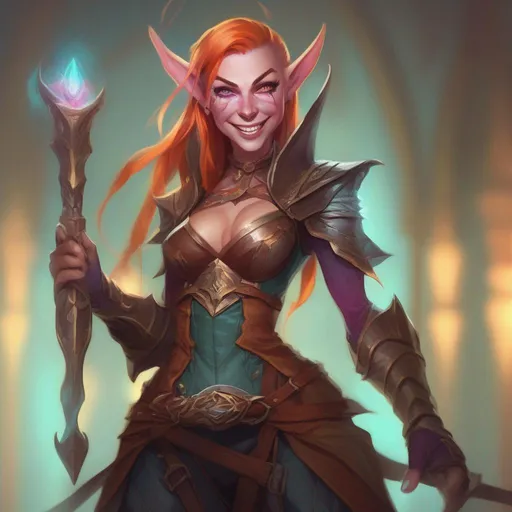 Prompt: d&d eladrin arcane trickster, mad toothy grin, heroic, brightly glowing eyes, badass, magic AF, colorful, chaotic, dangerous, hi res, lucky, femme, leather armor, gorgeous, long elf ears, unhinged, creepy