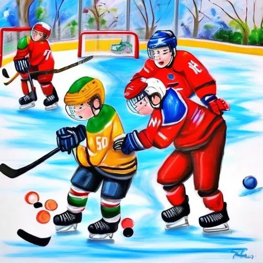 Prompt: Create me a painting ice hockey players at the age of 7-8. The painting should be appealing to those one thinking of buying products from our team. 