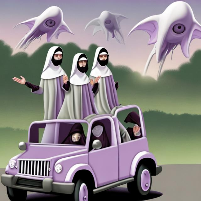 Curated visual reference: Picture Idea: Nuns Suspicious On A Mauve Utility Vehicle Waving