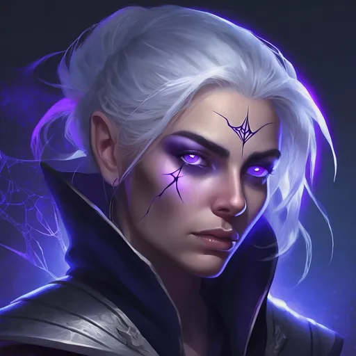 Prompt: Portrait of a mysterious silver-haired warrior woman (Liora), her straight shoulder-length hair neatly swept back to reveal her piercing glowing purple eyes with vertical pupils. She stares directly at the viewer with intense determination, her angular face illuminated by an eerie blue-purple glow. She wears a dark blue living-shadow cloak that billows dramatically, with a spiderweb-patterned bodysuit underneath. A broken silver pendant rests at her throat. The background features a swirling violet-black void of the Shadow Dimension with floating mirror shards reflecting ghostly images. Cinematic fantasy style, ultra-detailed facial features, dramatic chiaroscuro lighting, 8k resolution, unreal engine 5 rendering.