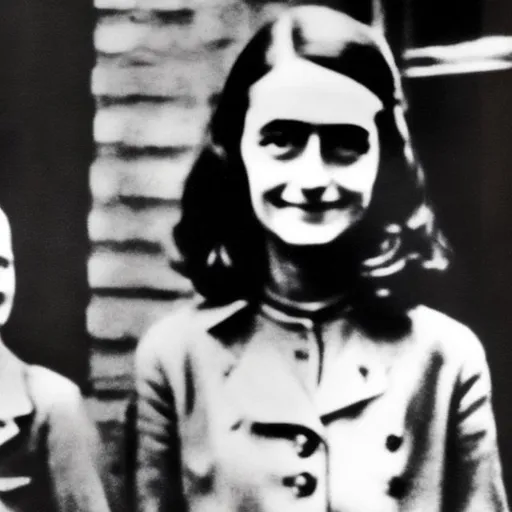 Prompt: anne frank wearing a black leather german gestapo parade uniform