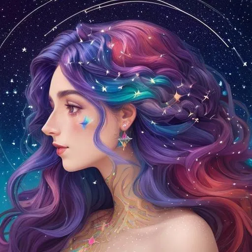 Prompt: A beautiful and colourful magical woman with magical hair themed after constellations in a painted style profile picture