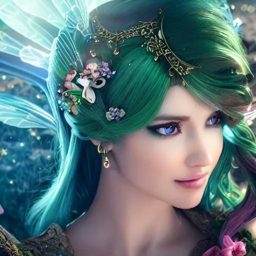 Prompt: handsome female fairy, tinker, artificer, crafter, green hair, detailed face, elegant, mesmerizing , glorious, cinematic light, hd octane render, high resolution scan, masterpiece, hyperrealism, delicate detailed complex, sophisticated, vibrant colors, highly detailed, intricate detailed, volumetric lighting, light reflection 