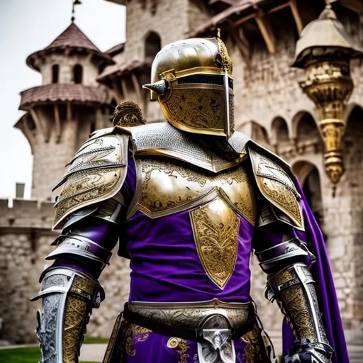 Prompt: Knight in purple armor and gold ornate standing in front of castle 