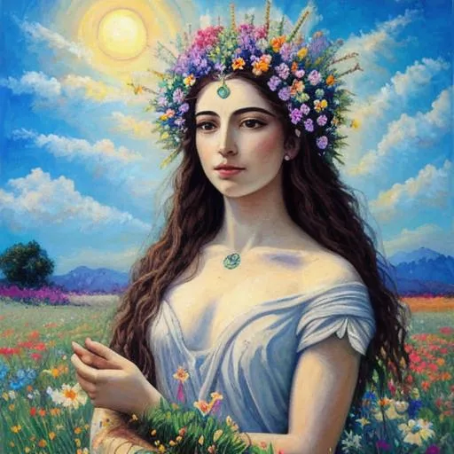 A painting of a goddess in a field of flowers | OpenArt