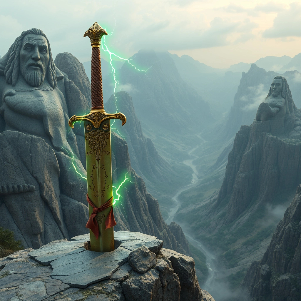 A magnificent ancient sword stands upright, seemingl...