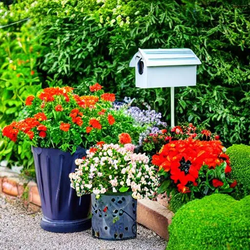 Prompt: ♦♦ garden, fence, mailbox, door, letterbox, front porch, porch, flower pots, pots, planter boxes, entryway, foyer, stool, garden bench, butterflies, bees, flowers, watering can, garden tools, hair flower, hair ribbon, pail, 

■■ {{{{best quality, 8k resolution photography, artistic photography, photorealistic, masterpiece}}}}, 