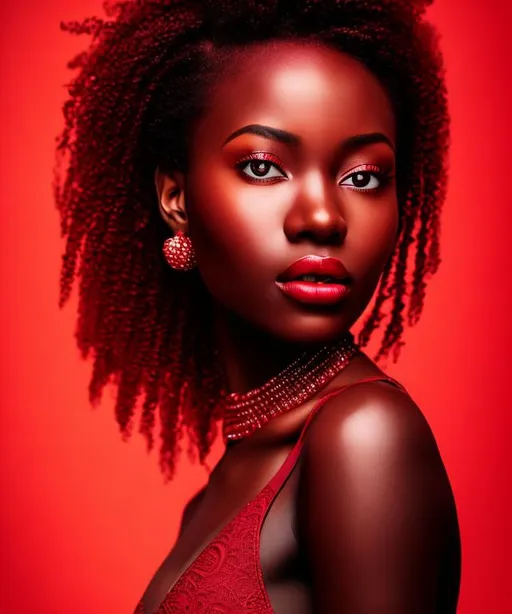 Prompt: monocolor profile portrait of a beautiful african woman, coral key light, crimson back light, burgundy red fill light, glamor, high fashion, photo