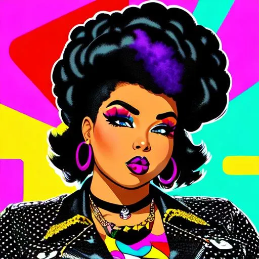 Prompt: Retro punk rock plus size black girl natural hair 70's vibe trippy comic style pop art goth punk fashion confident 
