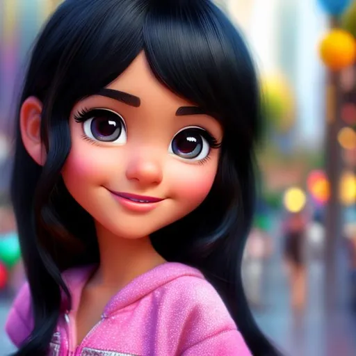 Prompt: Disney, Pixar art style, CGI, girl with Hispanic skin, almond shaped black eyes, long  tightly curled black hair, emo