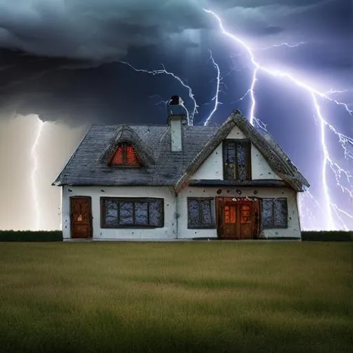 Prompt: House with a thunderstorm 