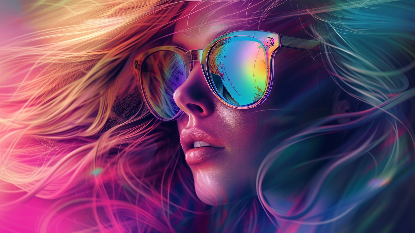 Prompt: Create a stylized portrait of a woman with flowing hair and oversized sunglasses, incorporating a metallic look. The hair should appear as shimmering strands of metal in hues of chrome, steel, and iridescent colors reflecting light, such as purples, pinks, blues, and golds. The sunglasses should have a reflective, mirror-like quality, akin to polished silver. The skin should have a subtle metallic sheen, suggesting a futuristic or cybernetic theme. The background should be simple, perhaps a gradient of dark to light grays, to accentuate the metallic elements of the subject. The composition should be square, perfect for avatars or profile pictures, with a balance between realism and stylization.