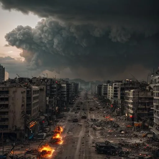 Prompt: City in war-torn destruction and overgrowth dramatic lighting cinematic shots skulls and fire in the streets
 



