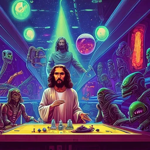 Prompt: widescreen, photo, painting, longshot, wide view, infinity vanishing point, overhead lighting, jesus and another jesus and an alien smoking a crystal bong,  fancy table , in an exotic space cantina, stunning galaxy background