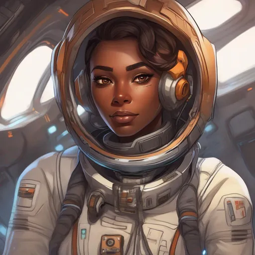 Prompt: sci-fi space engineer lady, brown skin, ember eyes, portrait, space suit