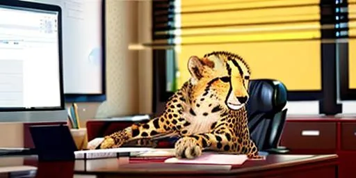 a cheetah working in an office. red highlights