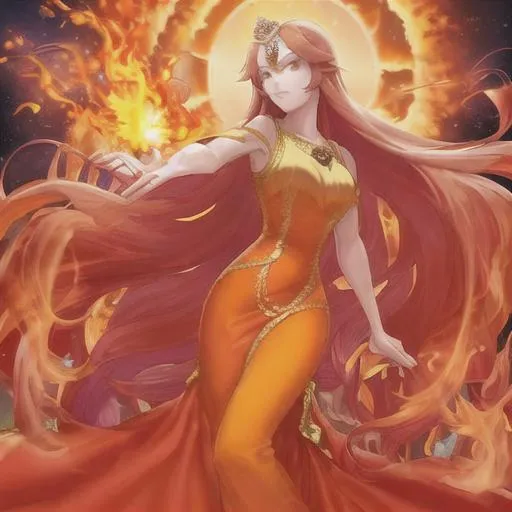 Prompt: butiful queen, very long red hair, orange and yellow dgradation long dress, sun and fire