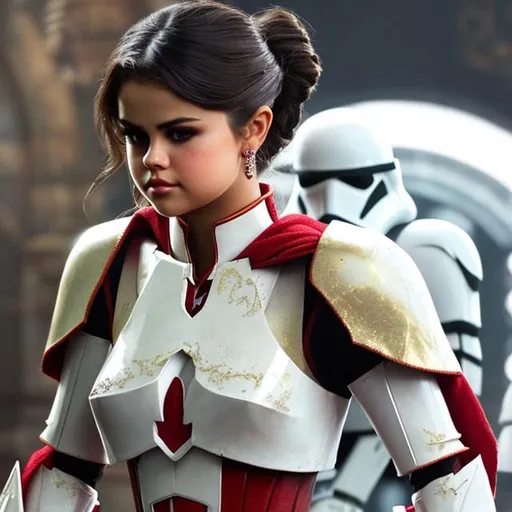 Prompt: selena gomez, queen, detailed face,  beautiful, blood red cape, clone trooper armor, royal armor, gold details, red details, gold crown, red cape