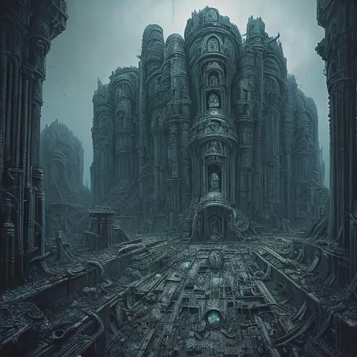 Prompt: fantasy sci-fi necropolis giger realistic lovecraft detailed  otherworldly dystopian abandoned interior
 temple post-apocalyptic beksinski animated