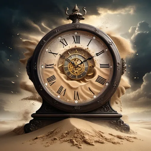 Prompt: Fantasy illustration of timepieces turning into sand, dark clouds, falling sand, various types of clocks, mystical atmosphere, high quality, fantasy style, warm and mysterious lighting, detailed clock mechanisms, fine details, surreal, magical, dreamy, enchanting, fantasy, mystical, clocks turning into sand, dark and moody, sand falling from clouds