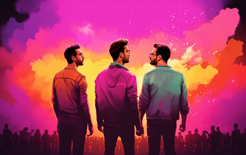 Prompt: the four people wearing glasses and one has a pink shirt, in the style of psychedelic illustration, petros afshar, colorful animations, concert poster, hyper-detailed illustrations, dan matutina, ahmed morsi