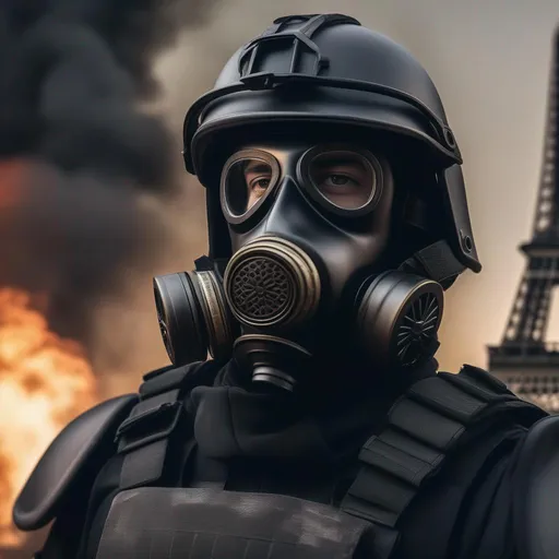 Prompt: A modern roman military male in black military armor, and gas mask, background Battlefield in Paris, Hyperrealistic, sharp focus, Professional, UHD, HDR, 8K, Render, electronic, dramatic, vivid, pressure, stress, nervous vibe, loud, tension, traumatic, dark, cataclysmic, violent, fighting, Epic