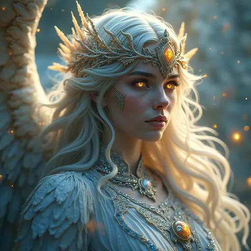 Prompt: A divine and celestial representation of a Watcher angel from the Book of Enoch, embodying both majesty and mystery. The angel has fiery, glowing amber eyes filled with ethereal light, symbolizing their connection to the heavenly realms. Her face is adorned with intricate, shimmering blue crystal patterns, reflecting divine radiance and celestial purity. Her flowing silver-white hair cascades down in soft, glowing waves, blending seamlessly with the ethereal aura around her. She wears a magnificent crown of intertwined metallic branches and icy spikes, forged with divine craftsmanship, glistening under a mix of golden and silvery celestial light.

The background is a luminous expanse of swirling nebulae, glowing with heavenly hues of gold and blue, dotted with faint inscriptions of ancient angelic runes. Subtle halos of divine light encircle her, creating a sense of otherworldly grace and power. Her expression is serene yet commanding, embodying the wisdom and duality of the Watchers: beings torn between their duty to the heavens and their connection to humanity.

Ultra-detailed textures emphasize the crystalline patterns, the intricate crown, and the flowing strands of hair. Volumetric lighting enhances the glowing aura and divine ambiance, while cinematic framing captures her in a moment of celestial splendor. A mix of photorealistic and fantasy art styles, inspired by Greg Rutkowski, WLOP, and classical depictions of angelic beings in sacred art. Rendered in UHD with hyperrealistic textures, vibrant contrasts, and a mystical, timeless atmosphere.
