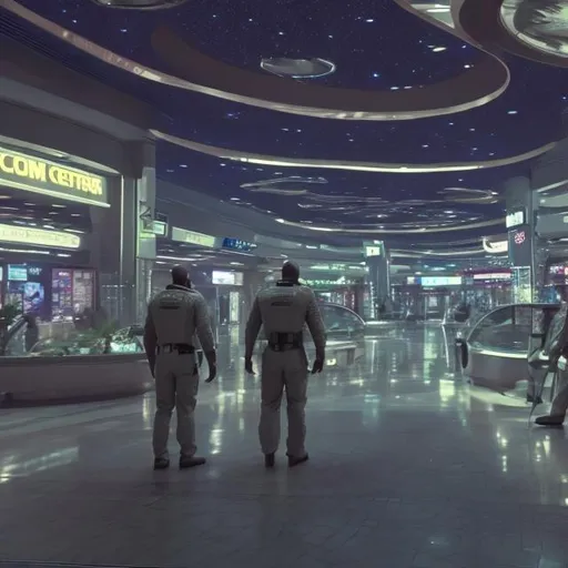 Prompt: alligator security guards in a busy alien mall, widescreen, infinity vanishing point, galaxy background, surprise easter egg