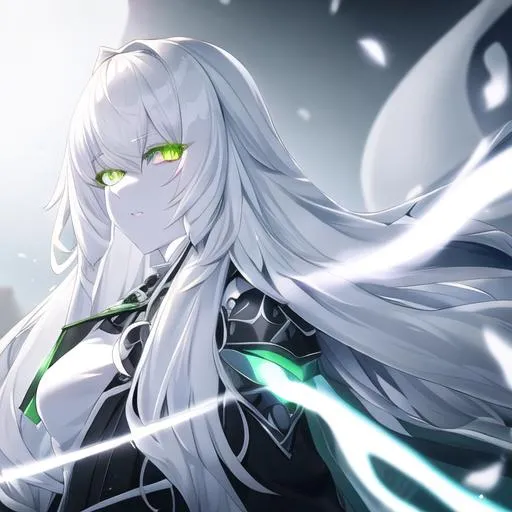 Prompt: ghost (long white hair, slightly pale skin, glowing green eyes), UHD, 8K, highly detailed, insane detail
