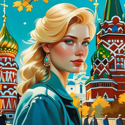 Prompt: Third person, gameplay, Russian girl, pale skin, blonde hair, freckles, teal eyes, 1980s, Moscow, golden atmosphere, cartoony style, extremely detailed painting by Greg Rutkowski and by Henry Justice Ford and by Steve Henderson 