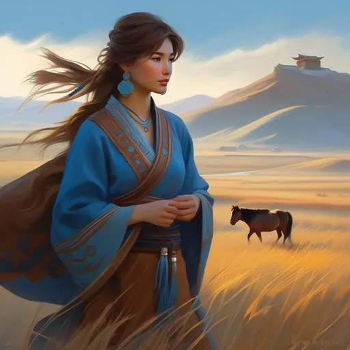 Prompt: Third person, gameplay, ancient Mongolian girl, pale skin, brown hair, brown eyes, steppe, fog, blue atmosphere, cartoony style, extremely detailed painting by Greg Rutkowski and by Henry Justice Ford and by Steve Henderson 