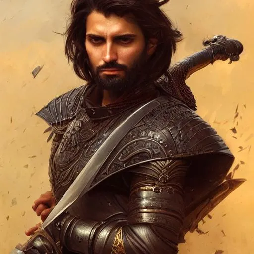 Prompt: Portrait of a man with dark hair and with stubble, with a sword, perfect composition, hyperrealistic, super detailed, 8k, high quality, trending art, trending on artstation, sharp focus, studio photo, intricate details, highly detailed, by greg rutkowski