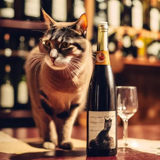 Prompt: Cat next to wine bottle
