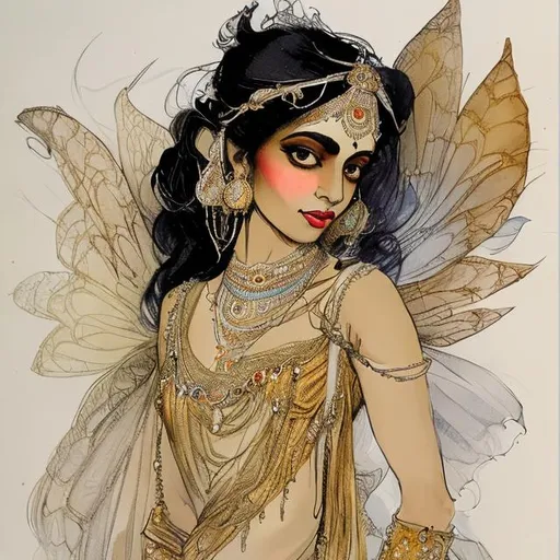 Prompt: Indian Woman, Costume design of the fairy of the night in the style of Leon Bakst, many details, ink, golden watercolor, pencil, non-white paper, high quality, muted colors. detailed sketch