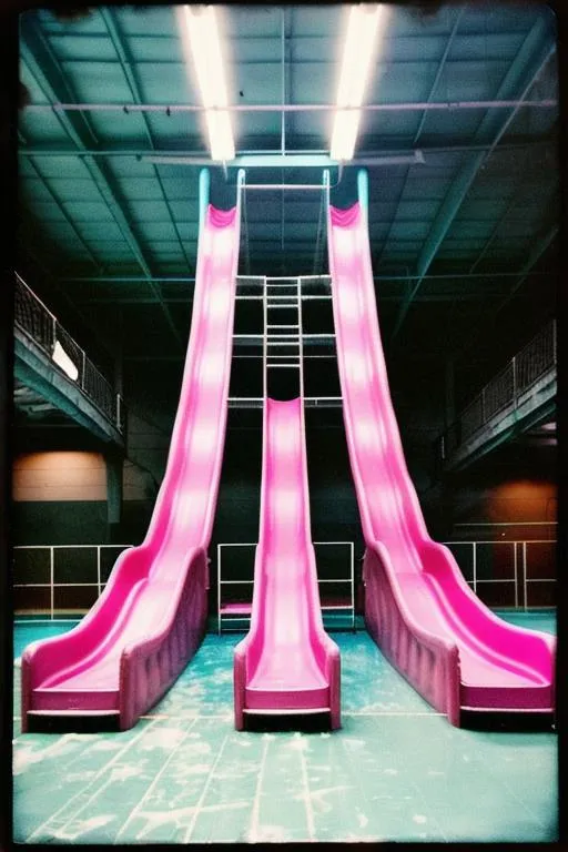 Prompt: Liminal space, eerie, waterslide, playground equipment, indoor water park, abandoned, pink, creepy, dark lighting, grainy Polaroid photo, ultra detailed, photorealistic, centered, aesthetic, popular on Etsy, feminine