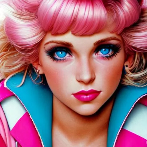 Prompt: 80's girl,blonde hair, pink lips, blue eyes, facial closeup
