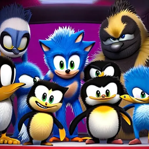 Prompt: Penguins of Madagascar meet Sonic The Hedgehog