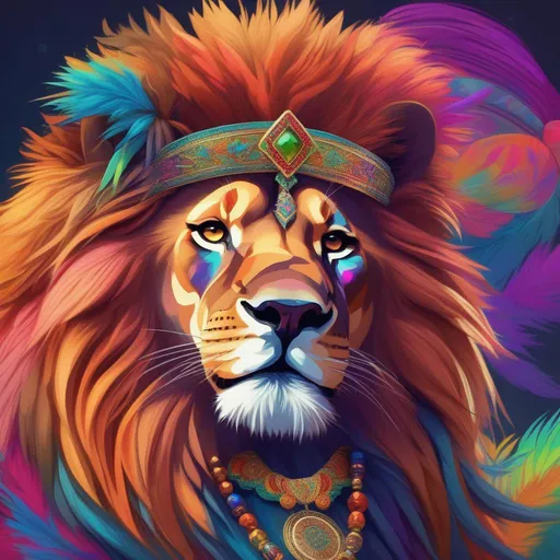 Prompt: a furry lion assassin wearing Psychedelic Ornaments.