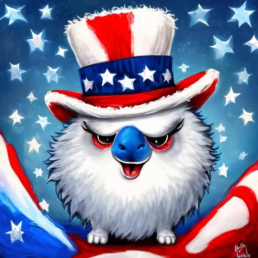 Prompt: Fluffy cute ball that is Uncle Sam, white top hat with stars, blue fluff, red eyes, for America!, masterpiece, best quality, ((In Spiritual Art style))