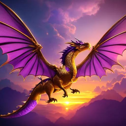 Prompt: Beautiful purple and golden dragon, 8k, high quality, sharp focus, studio photo, intricate details, highly detailed, fairy lights, gothic, full body shot, four legs, huge wings, one tail, background is a golden sunset landscape