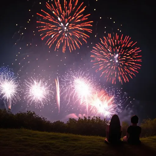 Prompt: Two shadows of two people sitting on a large hill at night looking at fireworks. With stars shing brightly in the sky and the moon with some clouds. 