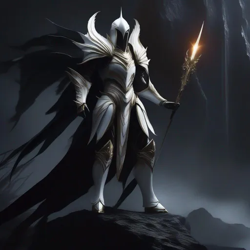 Prompt: Humanoid abyss humanoid creature, White shell over him, tall creature, smooth silhouette, wearing a monarch outfit with pure white armor over it, Skin of creature is dark, from hands coming out a Large blades, seems like kind of eldrich god of darkness, background is a dark pit with darkness but he is giving the light to the place,  full body beautiful ,Highly detailed face, close-up shot, full body shot, epic cinematic shot, professional digital art, high end digital art, singular, realistic, DeviantArt, artstation, Furaffinity, 8k HD render, epic lighting, depth