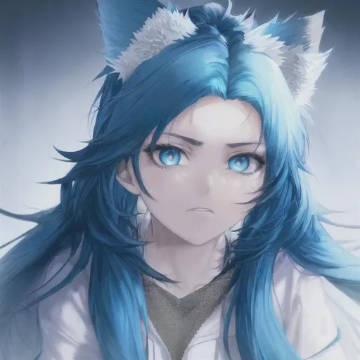 Prompt: anime portrait of a girl, black long messy hair, light blue sharp eyes, wearing a hoodie, wearing a black pleated skirt, wolf ears