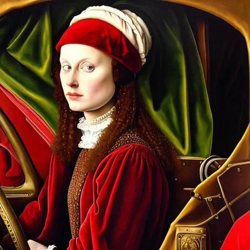 Prompt: Young Agnes Sorel driving a sportscar, dressed in velvet and brocate, oil painting, 15th century, realistic, in the style of van Eyck