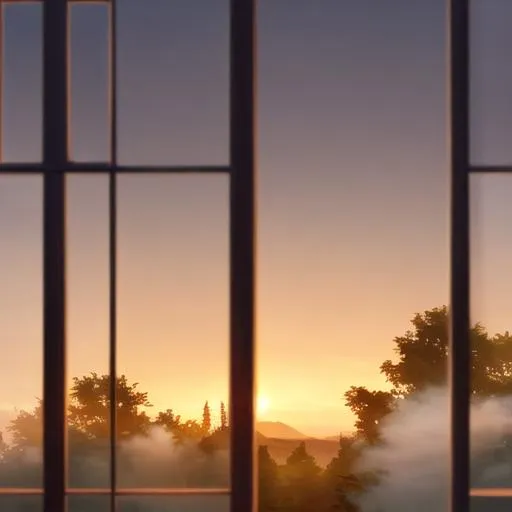 Prompt: A wooden window view of rural, dusk, anime style, (masterpiece, best quality:1.2), illustration, absurdres, highres, extremely detailed, Depth of field, (yellow fog:1.3)